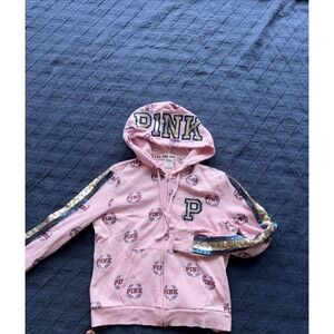 Victorias Secret Pink Graphic LIMITED ED BLING Perfect Zip Hoodie NWT L